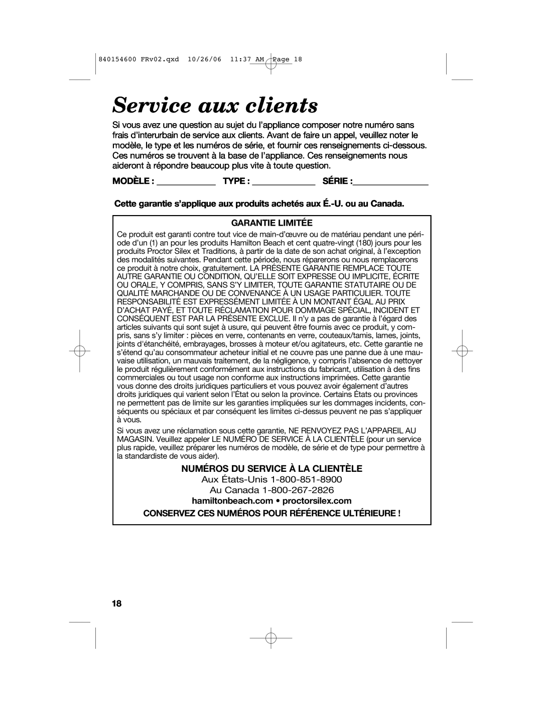 Hamilton Beach 840154600 manual Service aux clients, Modèle Type Série, Garantie Limitée, Numéros Du Service À La Clientèle 