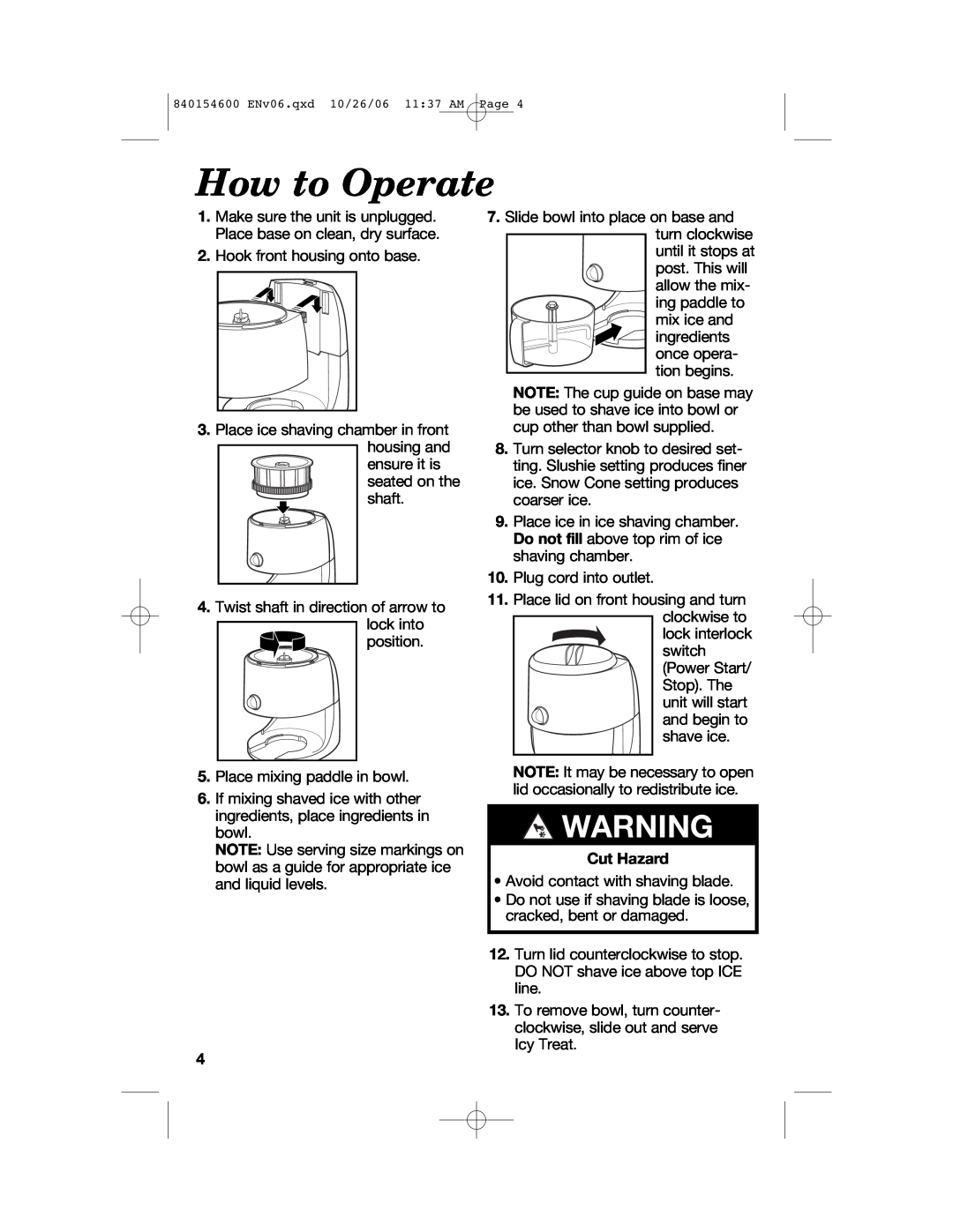 Hamilton Beach 840154600 manual How to Operate, Cut Hazard 