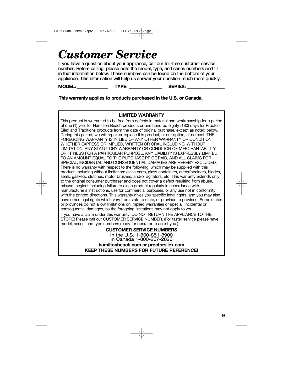 Hamilton Beach 840154600 manual Model Type Series, Limited Warranty, Customer Service Numbers 