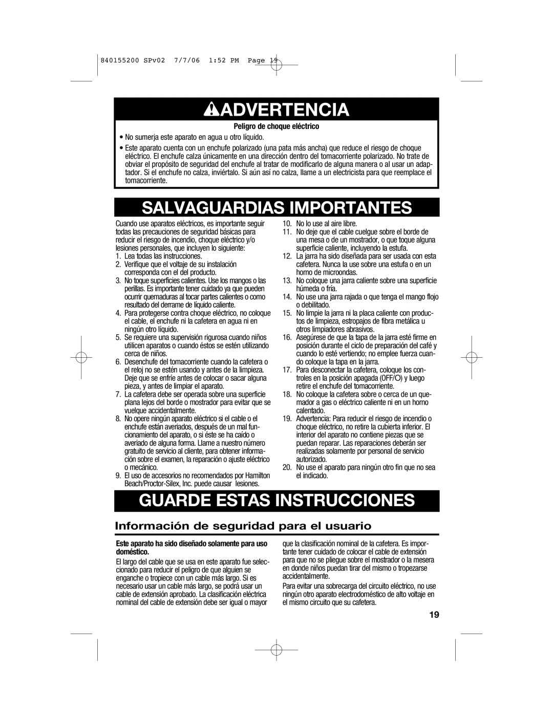 Hamilton Beach 42884, 840155200 manual Wadvertencia, Información de seguridad para el usuario 