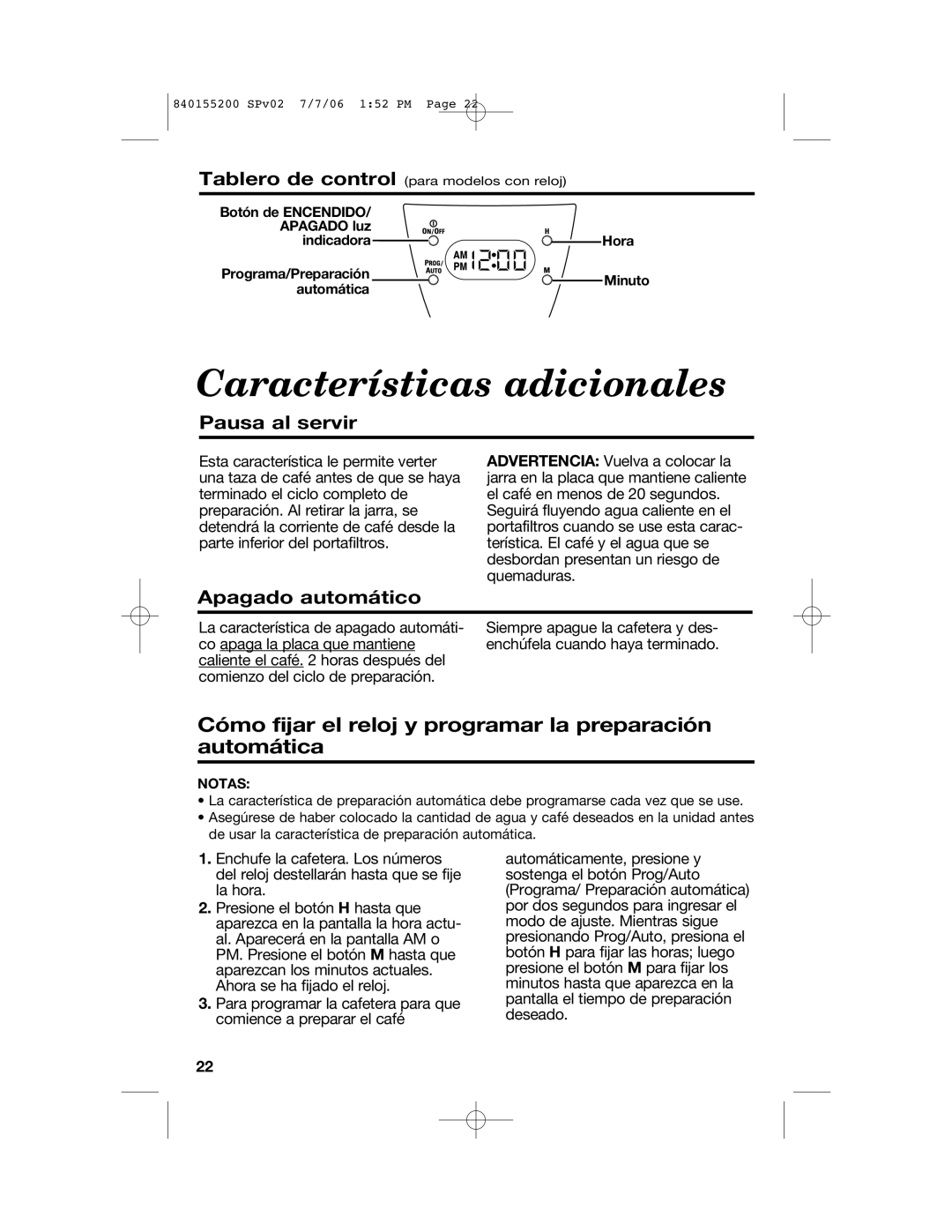 Hamilton Beach 840155200, 42884 manual Características adicionales, Pausa al servir, Apagado automático 