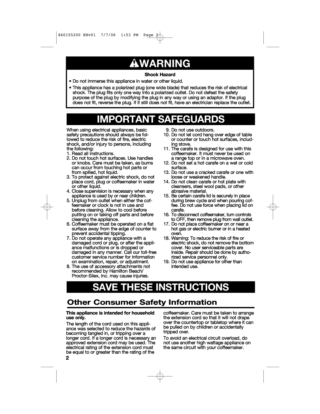 Hamilton Beach 840155200, 42884 wWARNING, Important Safeguards, Save These Instructions, Other Consumer Safety Information 