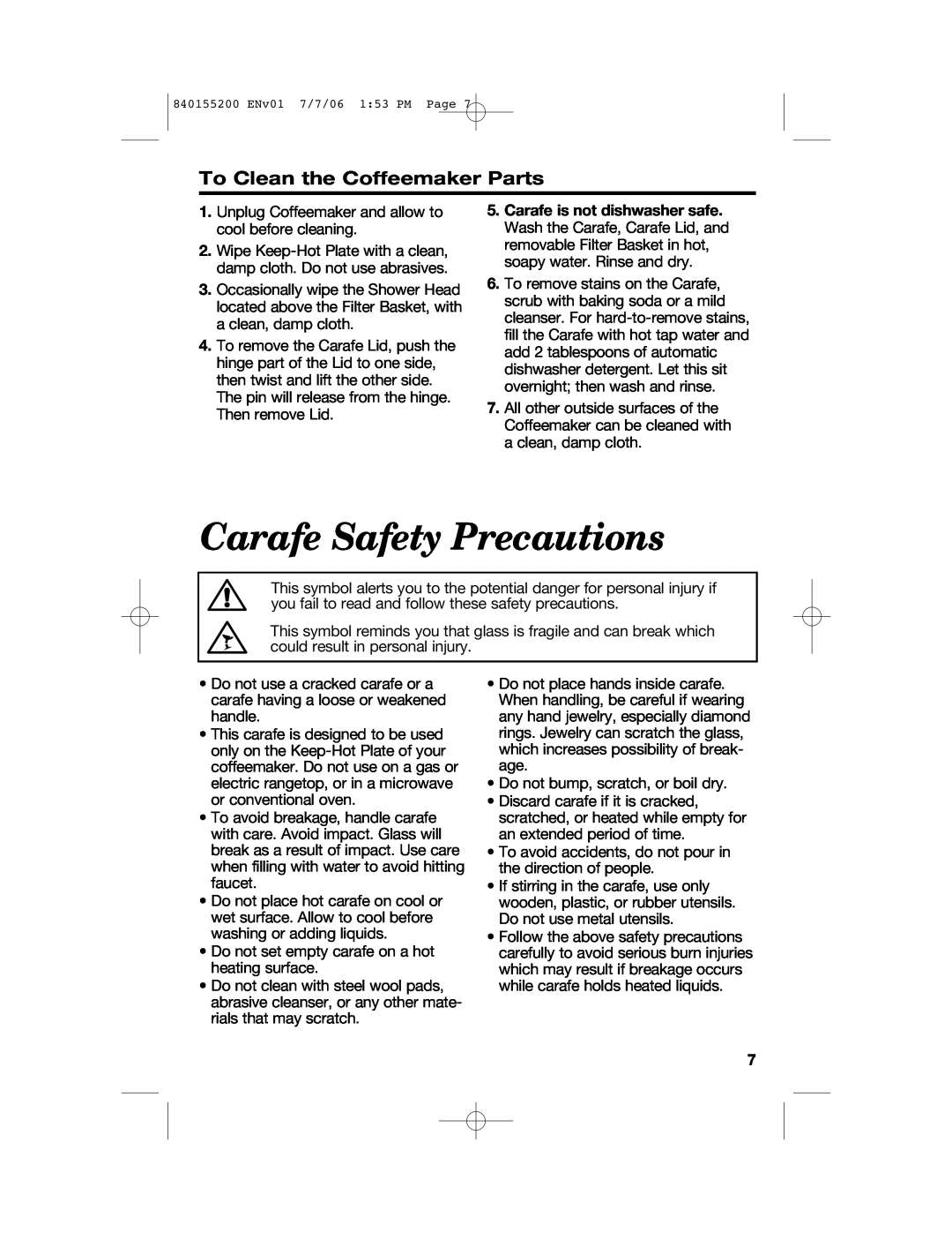 Hamilton Beach 42884, 840155200 manual Carafe Safety Precautions, To Clean the Coffeemaker Parts 