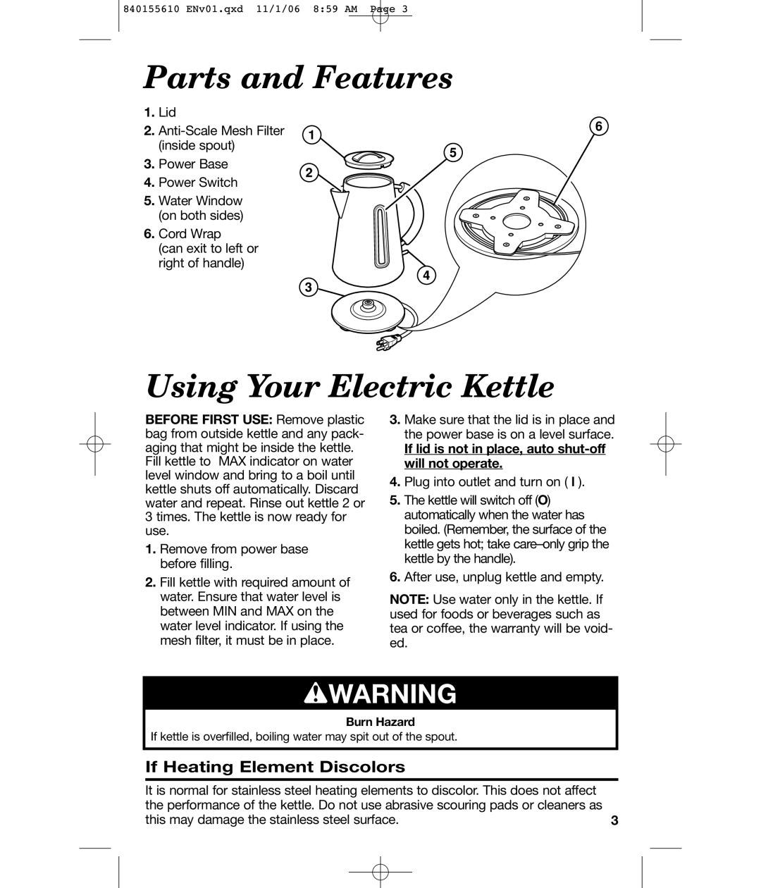 Hamilton Beach 840155610 manual Parts and Features, Using Your Electric Kettle, If Heating Element Discolors 