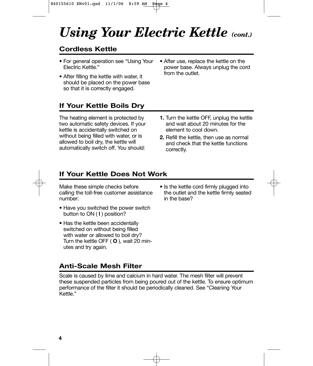 Hamilton Beach 840155610 Cordless Kettle, If Your Kettle Boils Dry, If Your Kettle Does Not Work, Anti-Scale Mesh Filter 