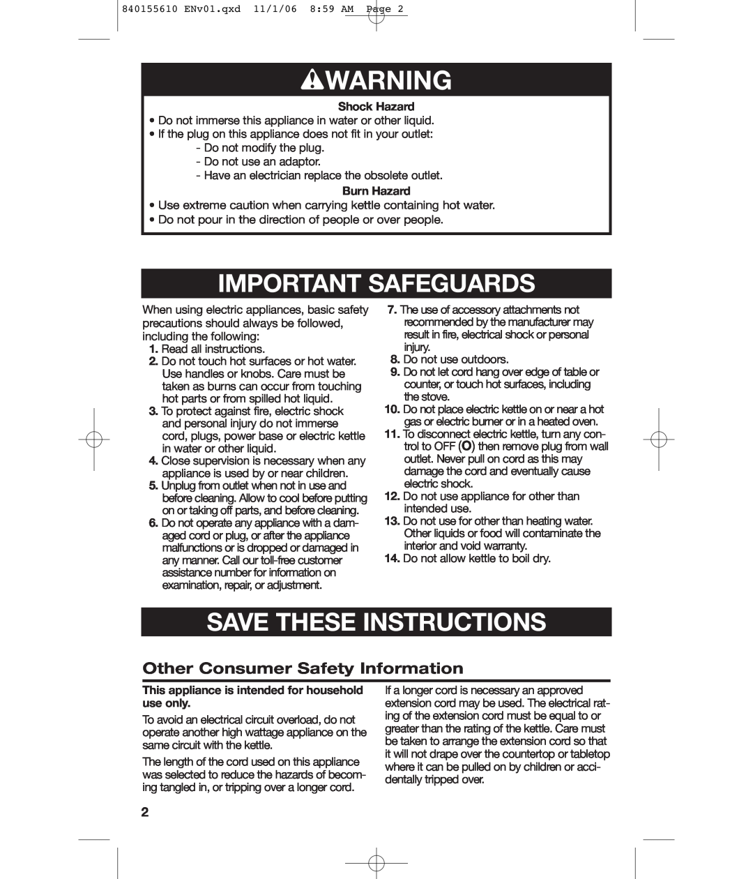 Hamilton Beach 840155610 manual wWARNING, Important Safeguards, Save These Instructions, Other Consumer Safety Information 