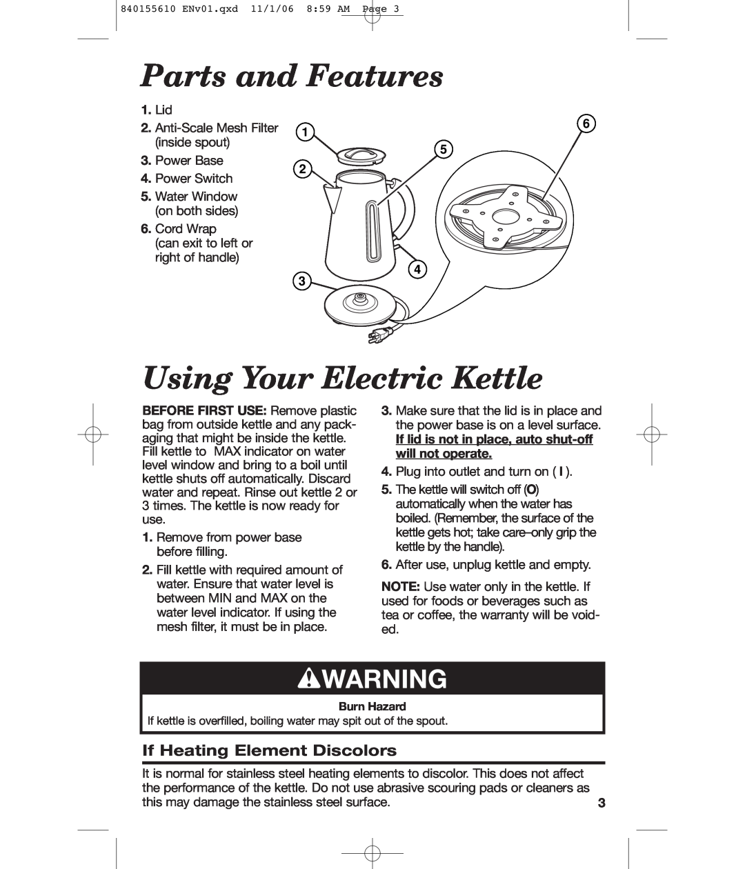 Hamilton Beach 840155610 manual Parts and Features, Using Your Electric Kettle, If Heating Element Discolors, wWARNING 