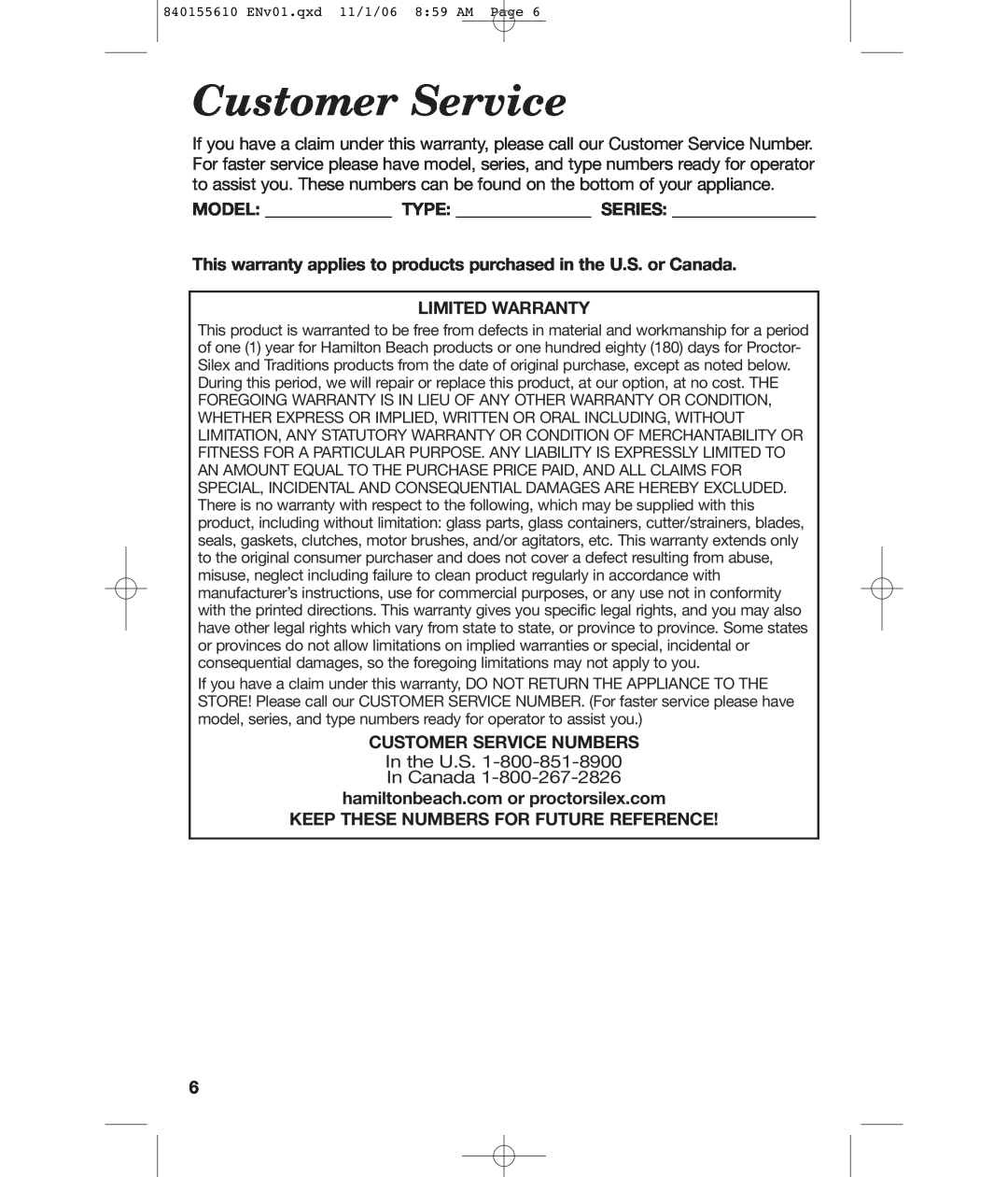 Hamilton Beach 840155610 manual Model Type Series, Limited Warranty, Customer Service Numbers 