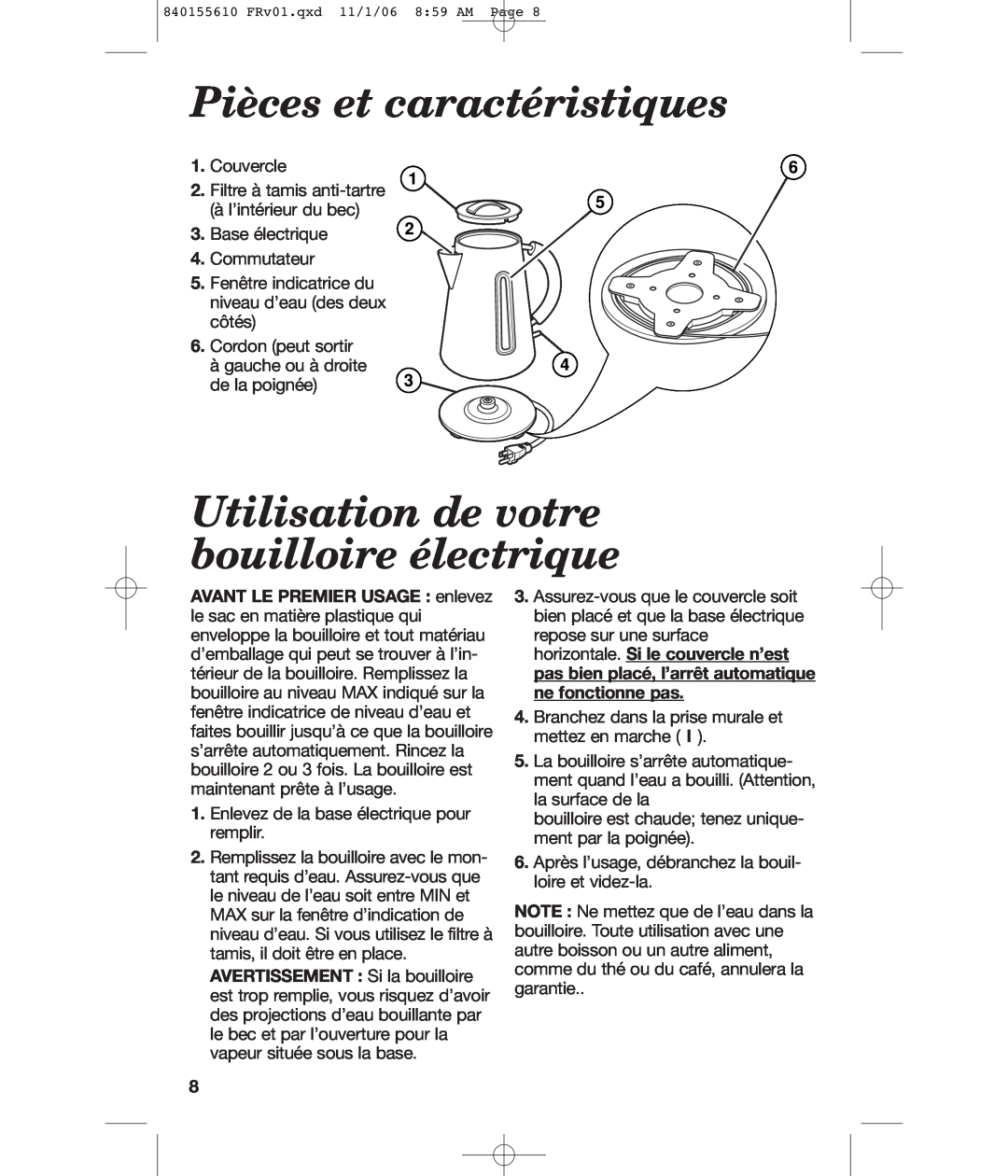 Hamilton Beach 840155610 manual Pièces et caractéristiques, Utilisation de votre bouilloire électrique 