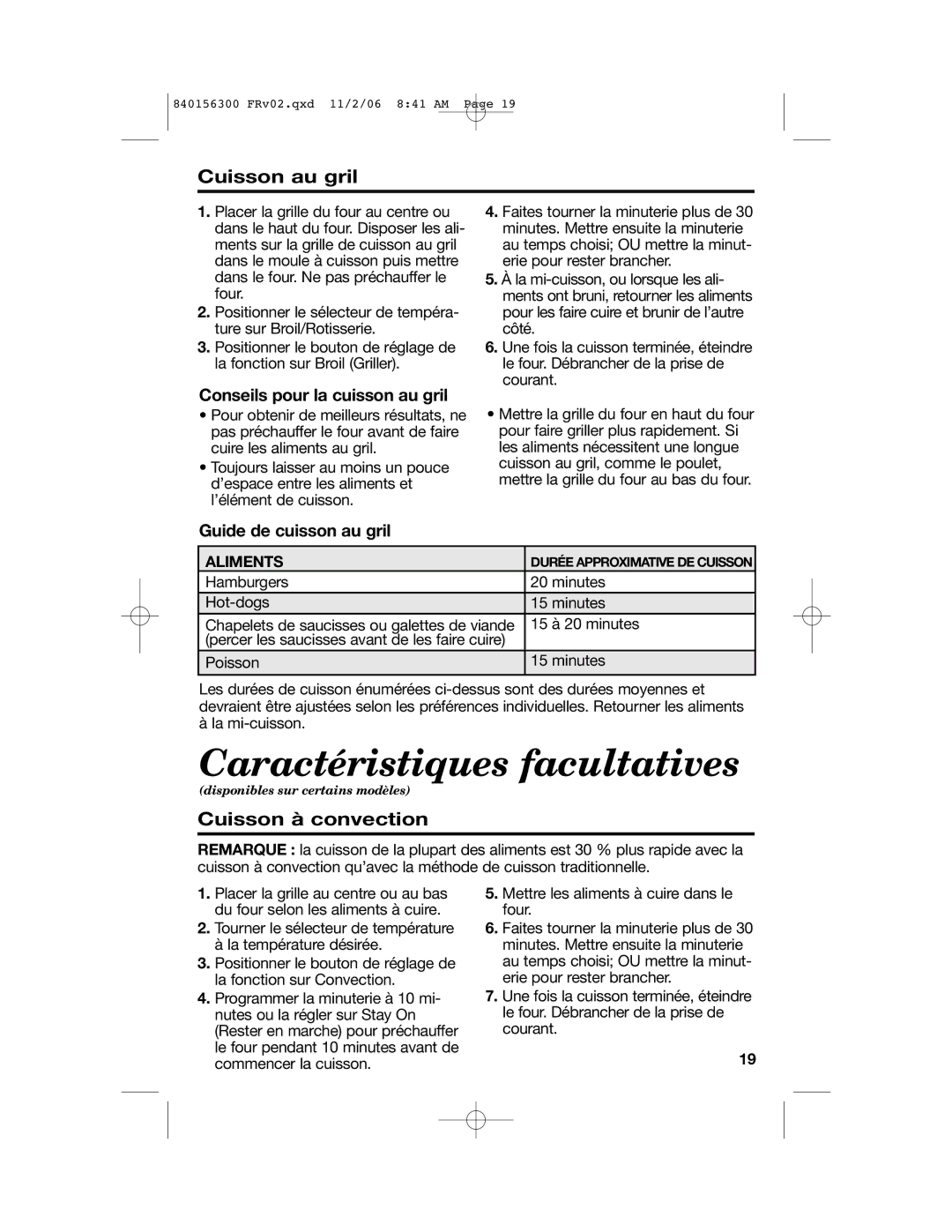 Hamilton Beach 840156300 Caractéristiques facultatives, Cuisson au gril, Cuisson à convection, Guide de cuisson au gril 