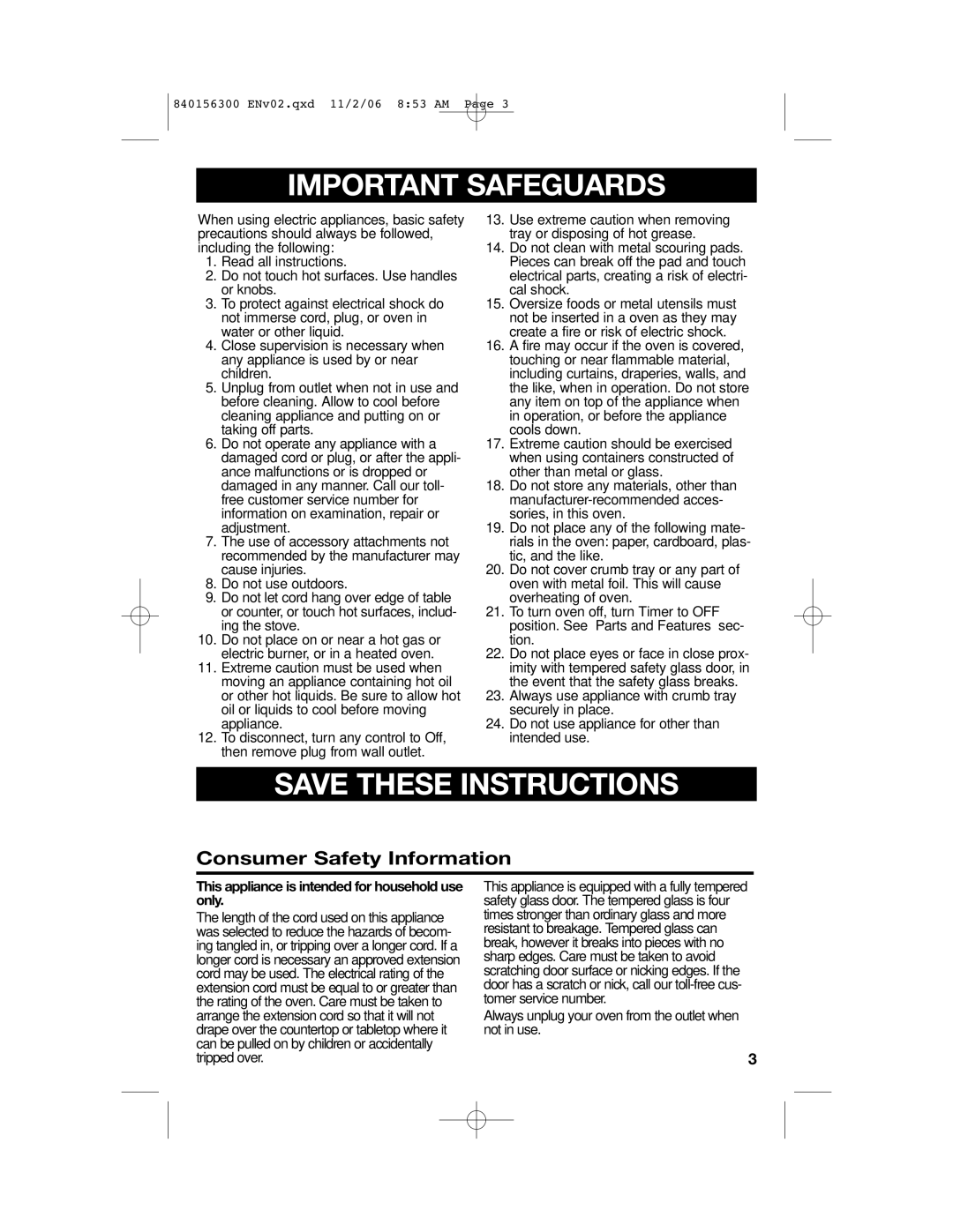 Hamilton Beach 840156300 manual Important Safeguards, Consumer Safety Information 