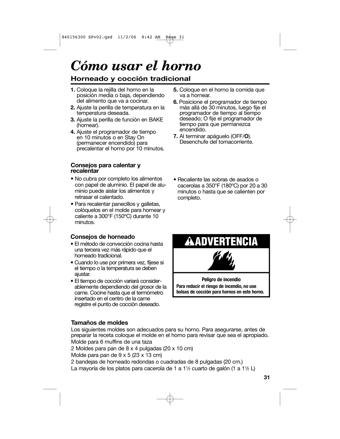 Hamilton Beach 840156300 manual Cómo usar el horno, Horneado y cocción tradicional, Consejos para calentar y recalentar 