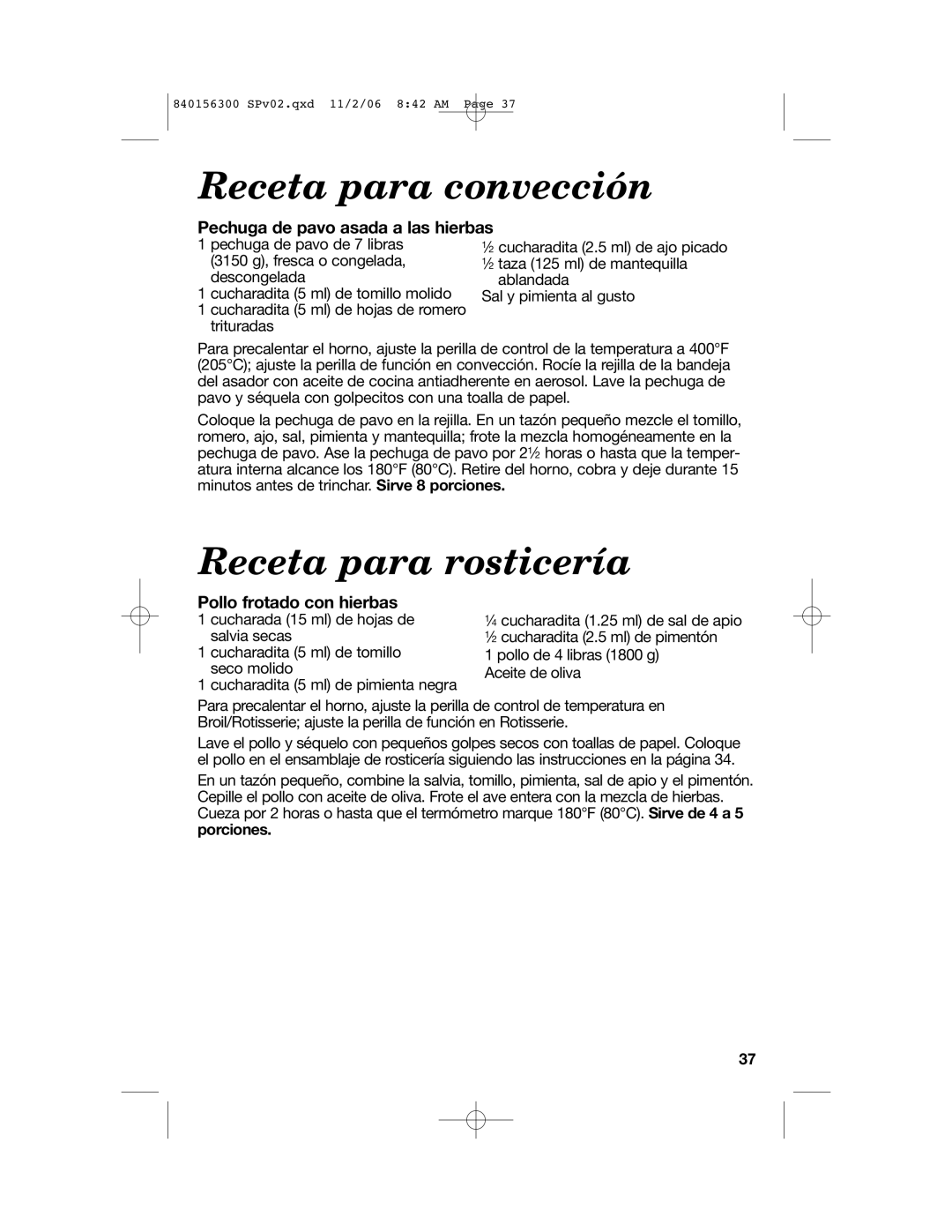 Hamilton Beach 840156300 manual Receta para convección, Receta para rosticería, Pechuga de pavo asada a las hierbas 