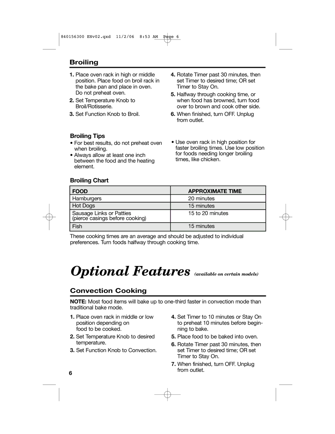 Hamilton Beach 840156300 manual Convection Cooking, Broiling Tips, Broiling Chart, Food Approximate Time 
