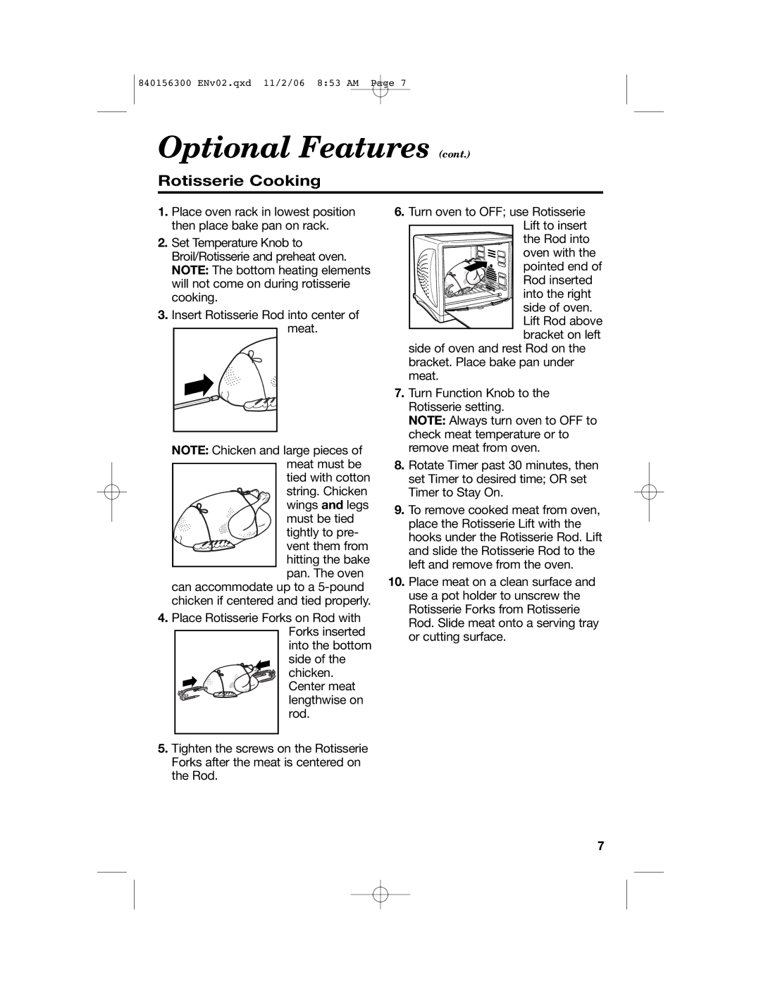 Hamilton Beach 840156300 manual Optional Features, Rotisserie Cooking 