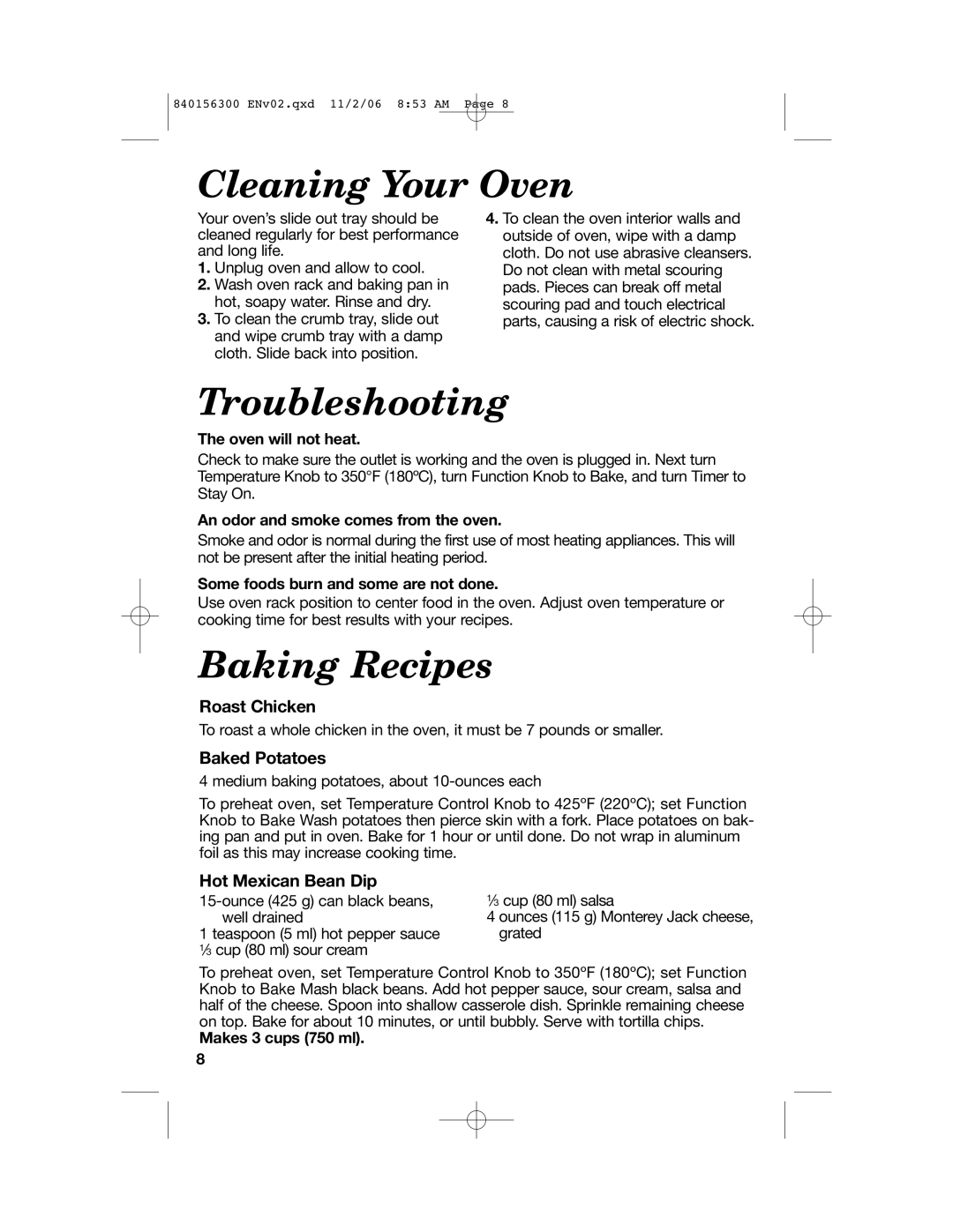 Hamilton Beach 840156300 manual Cleaning Your Oven, Troubleshooting, Baking Recipes 