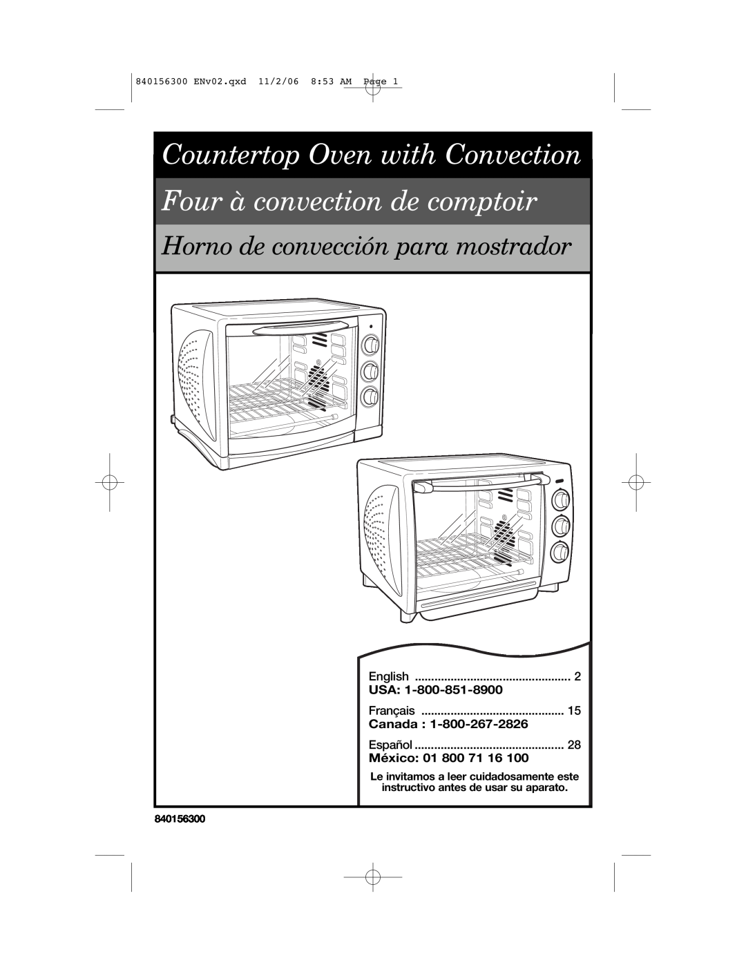 Hamilton Beach 840156300 manual Usa, Canada, México, Countertop Oven with Convection, Four à convection de comptoir 