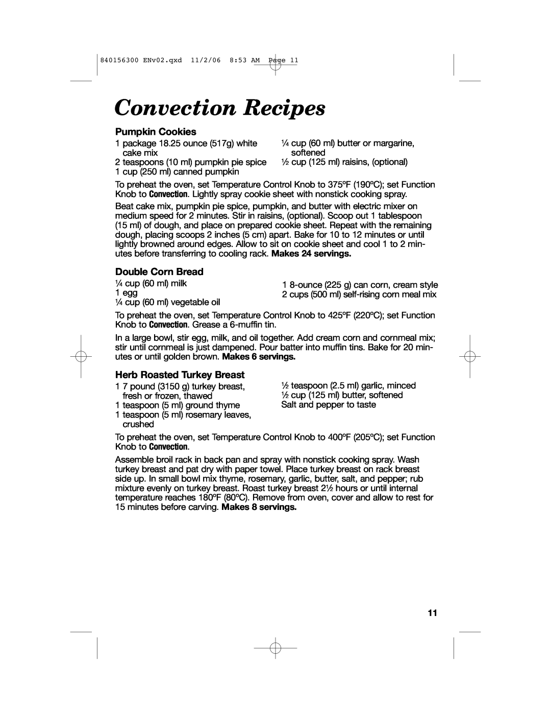 Hamilton Beach 840156300 manual Convection Recipes, Pumpkin Cookies, Double Corn Bread, Herb Roasted Turkey Breast 
