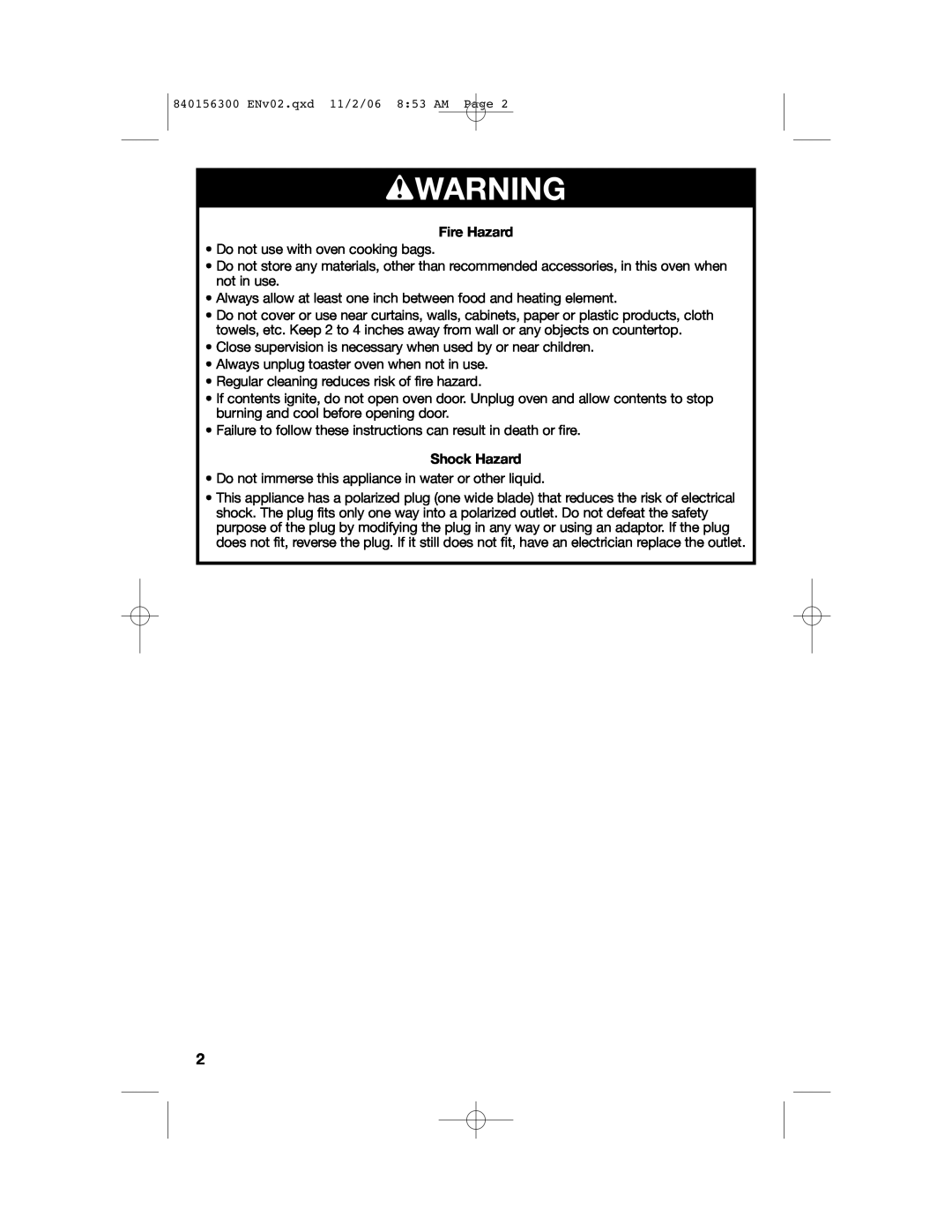 Hamilton Beach 840156300 manual wWARNING, Fire Hazard, Shock Hazard 