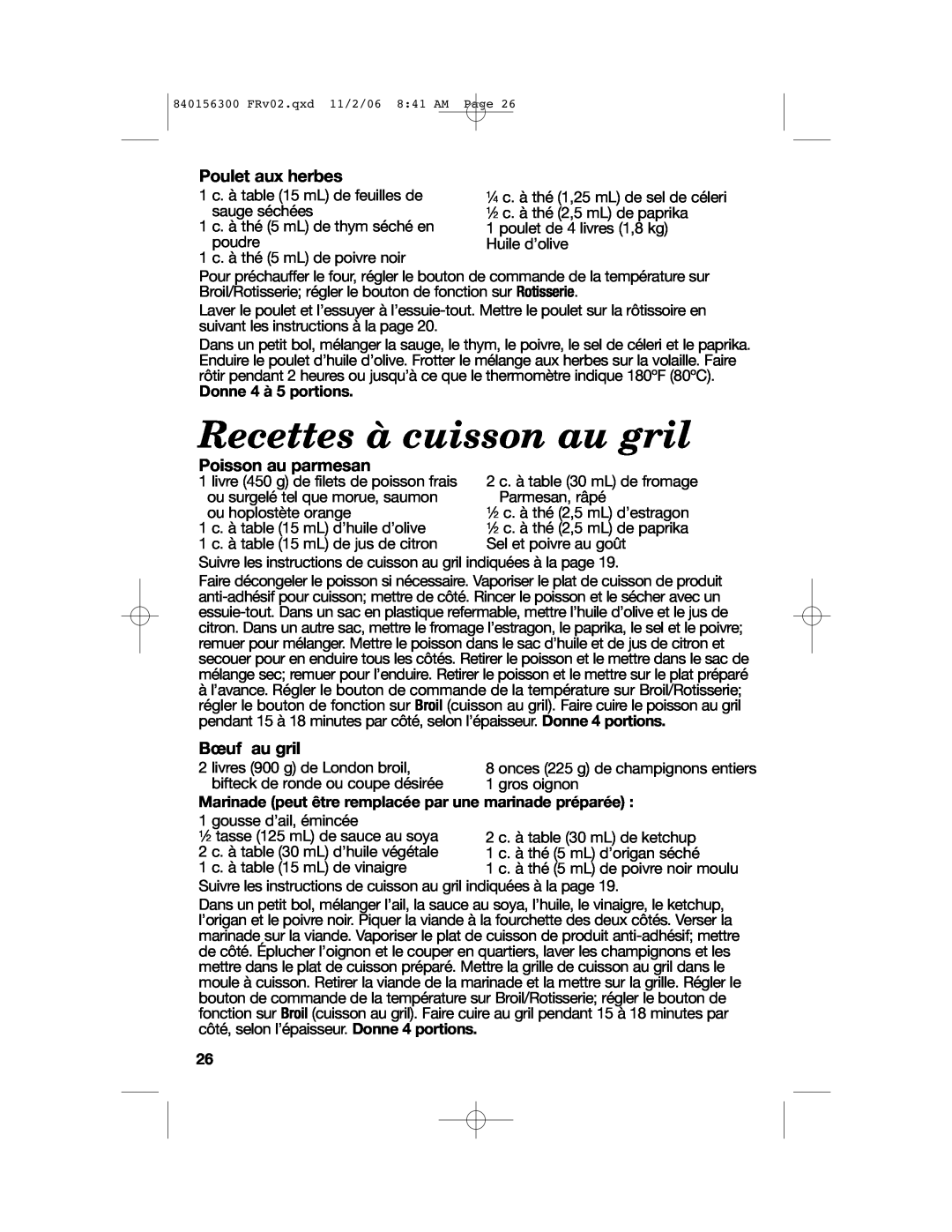 Hamilton Beach 840156300 manual Recettes à cuisson au gril, Poulet aux herbes, Poisson au parmesan, Bœuf au gril 