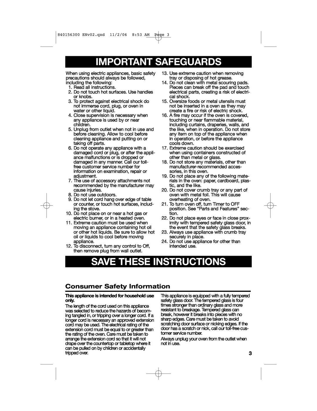 Hamilton Beach 840156300 manual Important Safeguards, Save These Instructions, Consumer Safety Information 