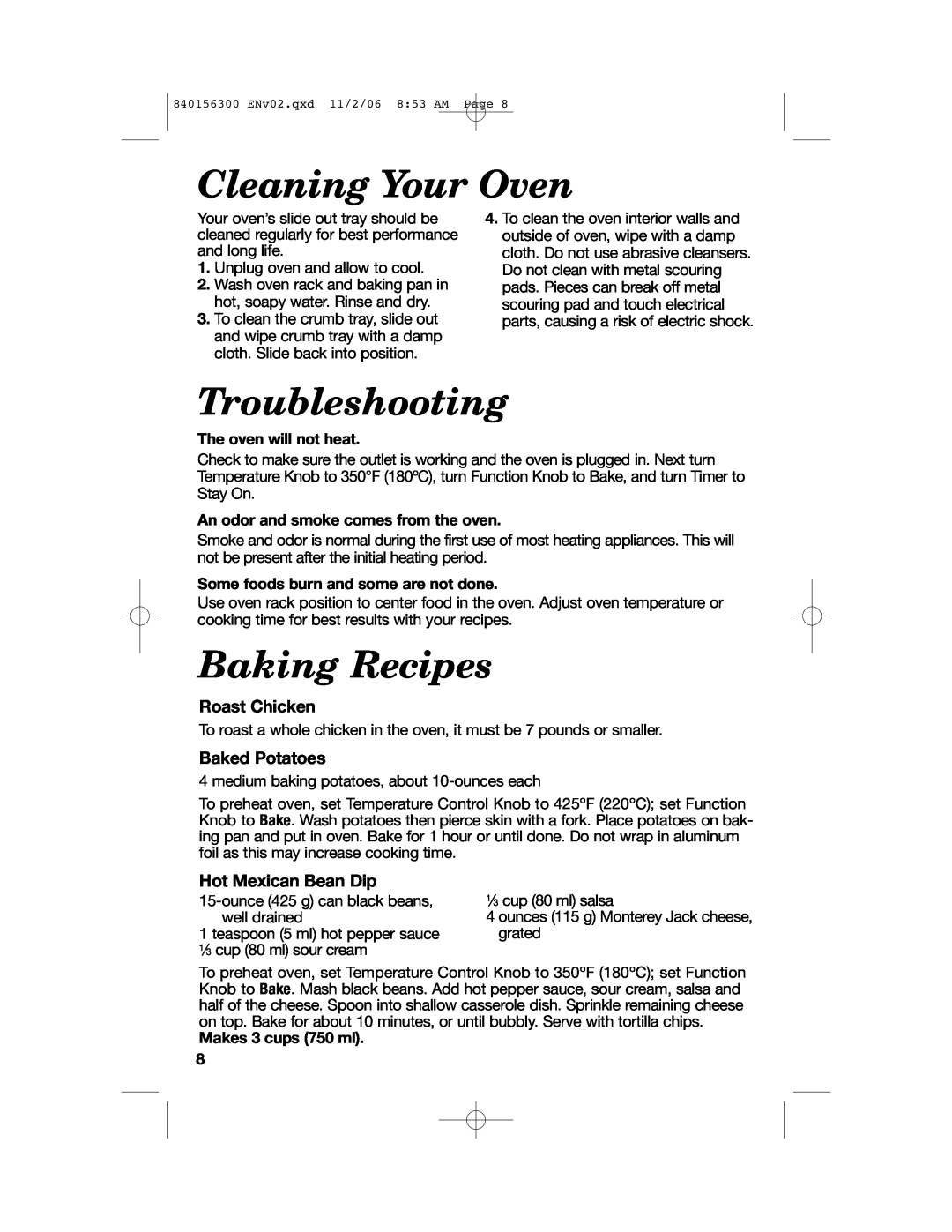 Hamilton Beach 840156300 manual Cleaning Your Oven, Troubleshooting, Baking Recipes, Roast Chicken, Baked Potatoes 