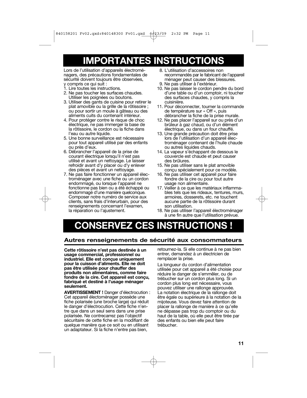 Hamilton Beach 840158201 manual Importantes Instructions 