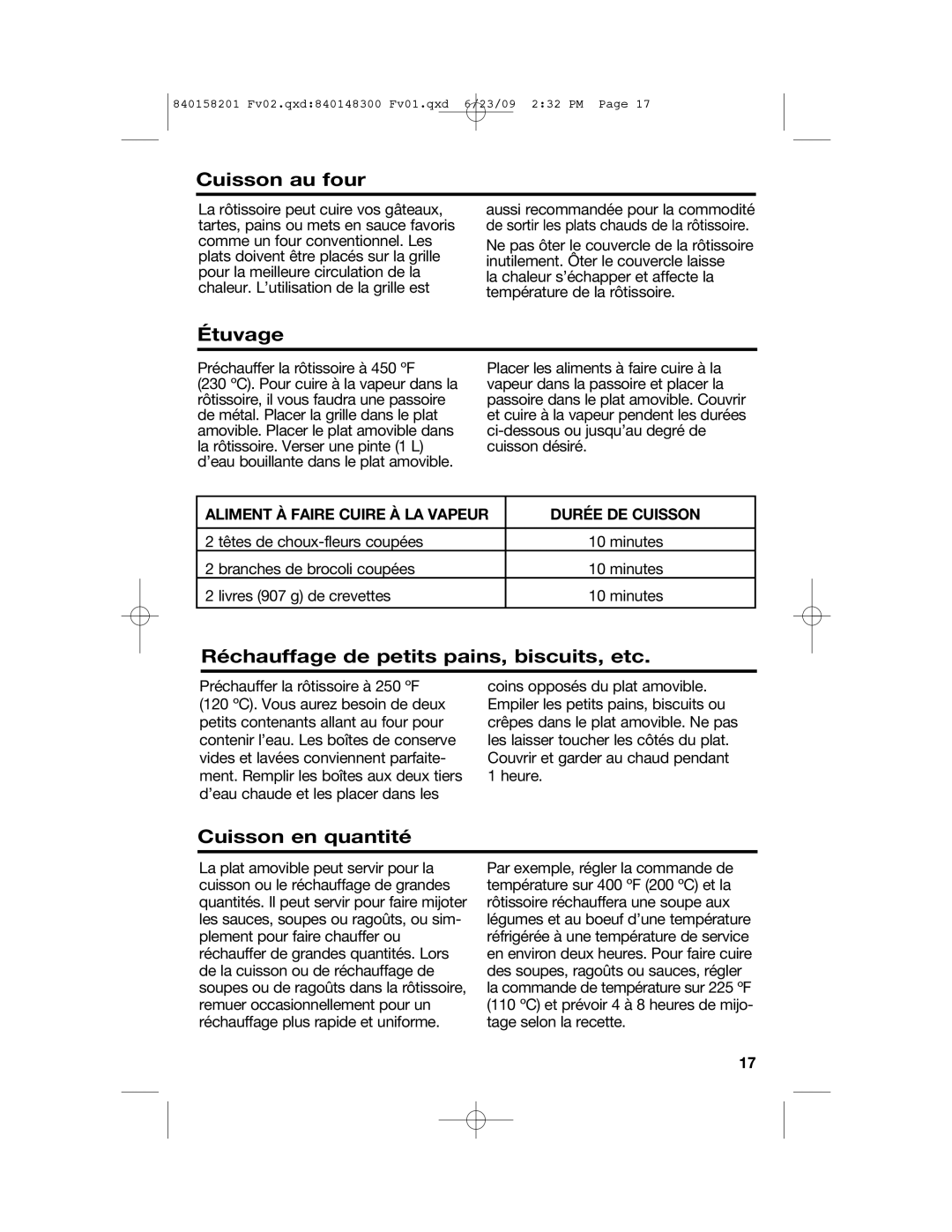 Hamilton Beach 840158201 manual Cuisson au four, Étuvage, Réchauffage de petits pains, biscuits, etc, Cuisson en quantité 