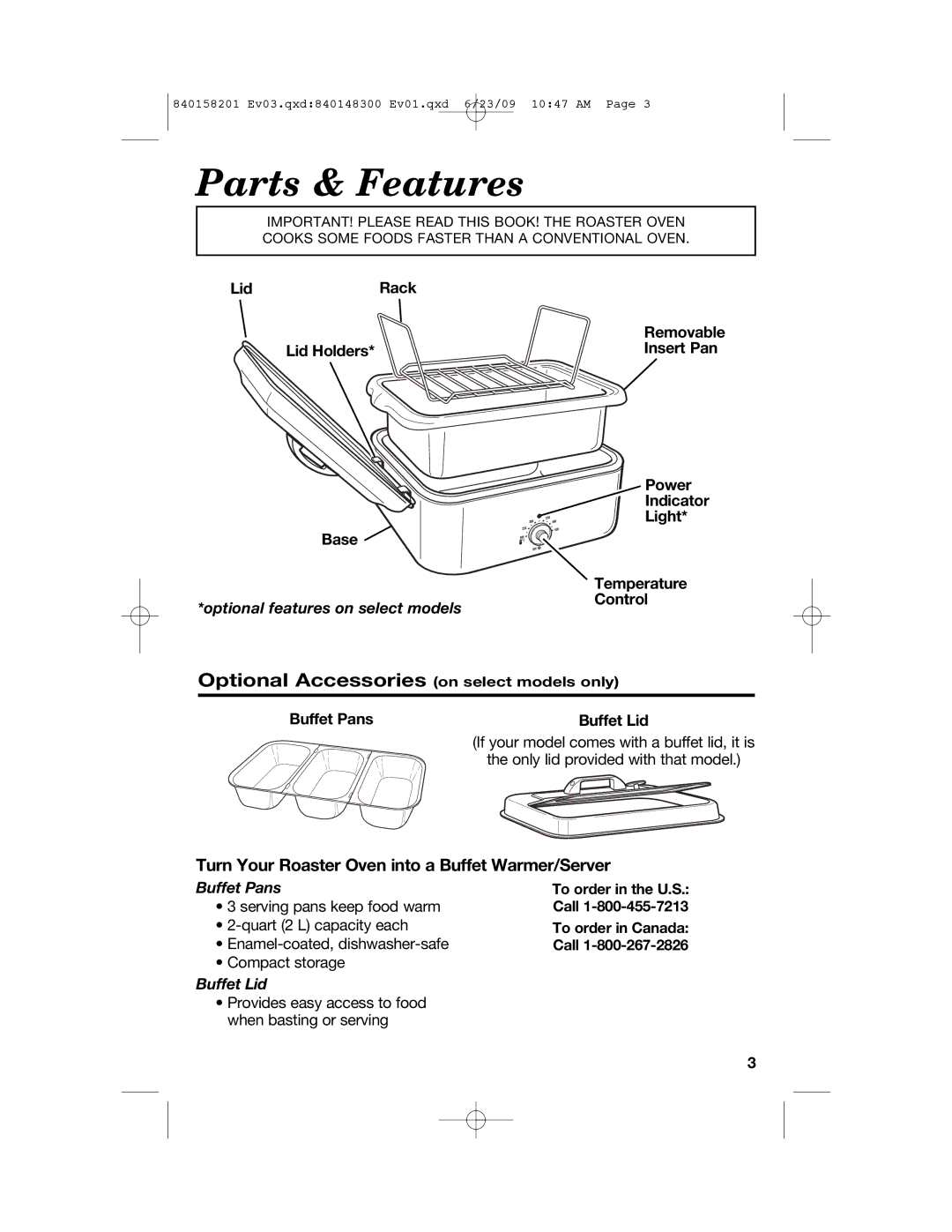 Hamilton Beach 840158201 manual Parts & Features, Lid Rack, Lid Holders Insert Pan Base, Buffet Pans 