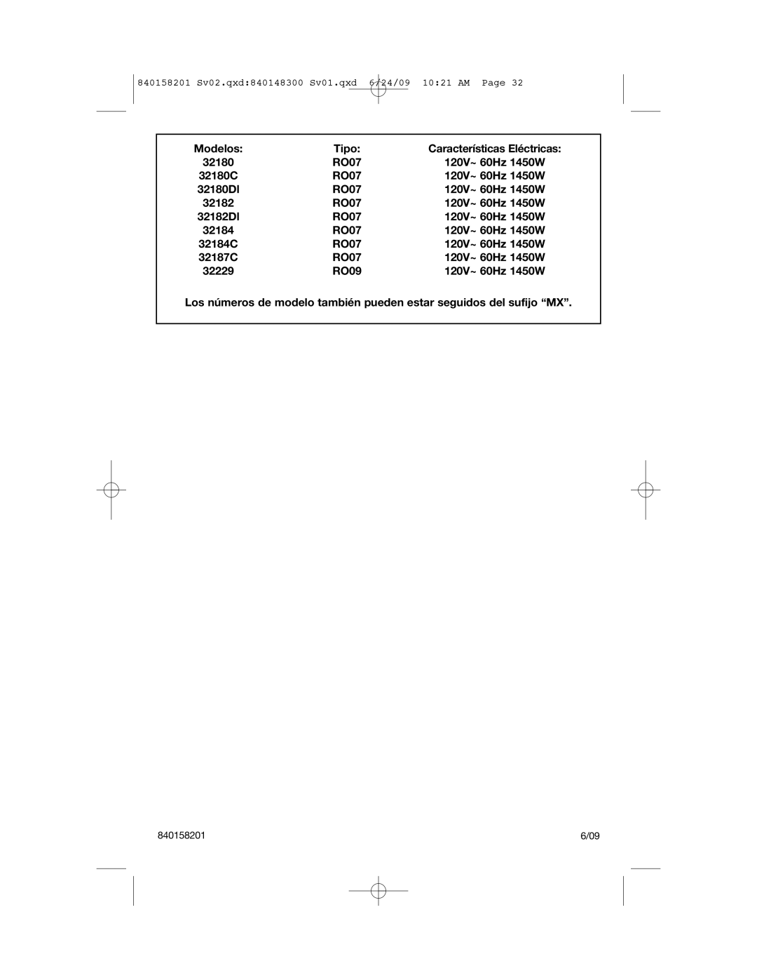 Hamilton Beach 840158201 manual Modelos Tipo, 32180C RO07, RO09 