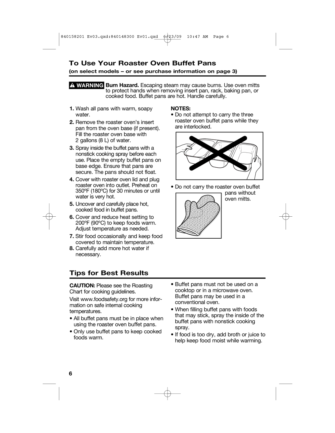 Hamilton Beach 840158201 manual To Use Your Roaster Oven Buffet Pans, Tips for Best Results 