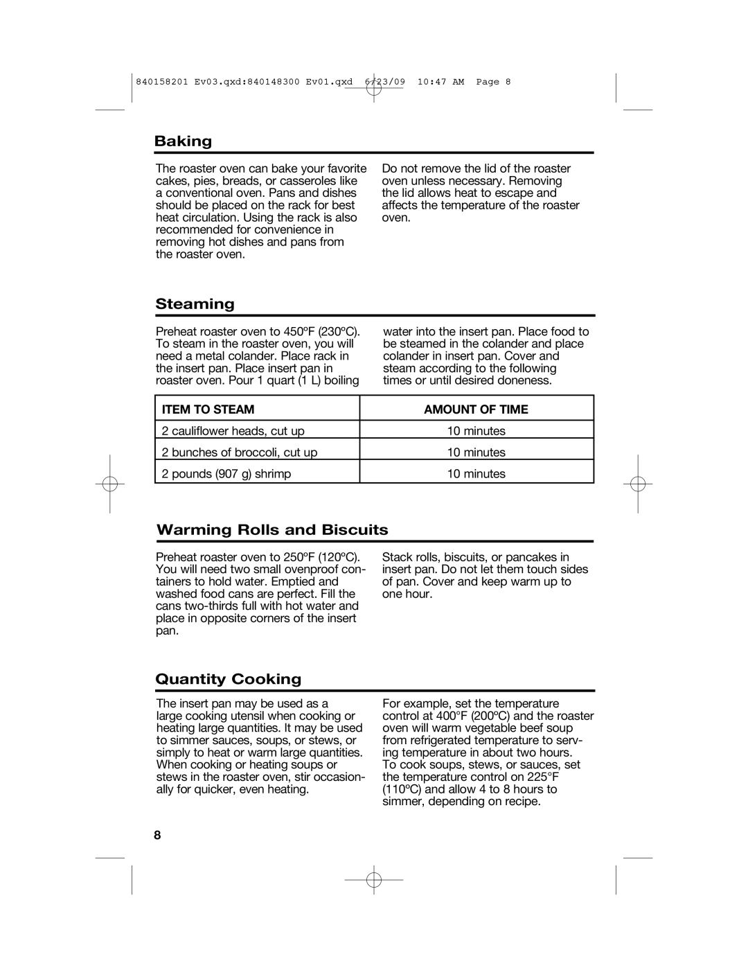 Hamilton Beach 840158201 Baking, Steaming, Warming Rolls and Biscuits, Quantity Cooking, Item to Steam Amount of Time 