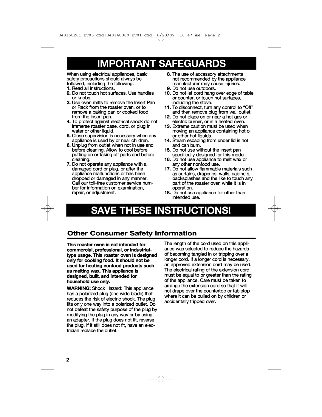 Hamilton Beach 840158201 manual Important Safeguards, Save These Instructions, Other Consumer Safety Information 