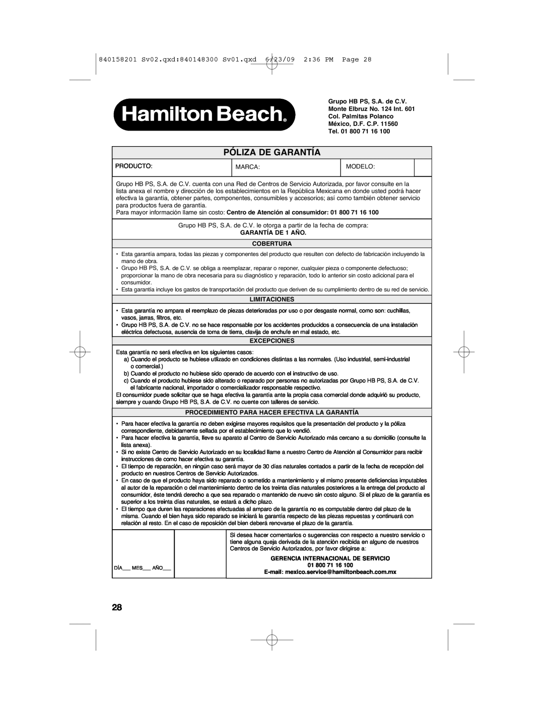 Hamilton Beach Póliza De Garantía, 840158201 Sv02.qxd840148300 Sv01.qxd 6/23/09 236 PM Page, Limitaciones, Excepciones 