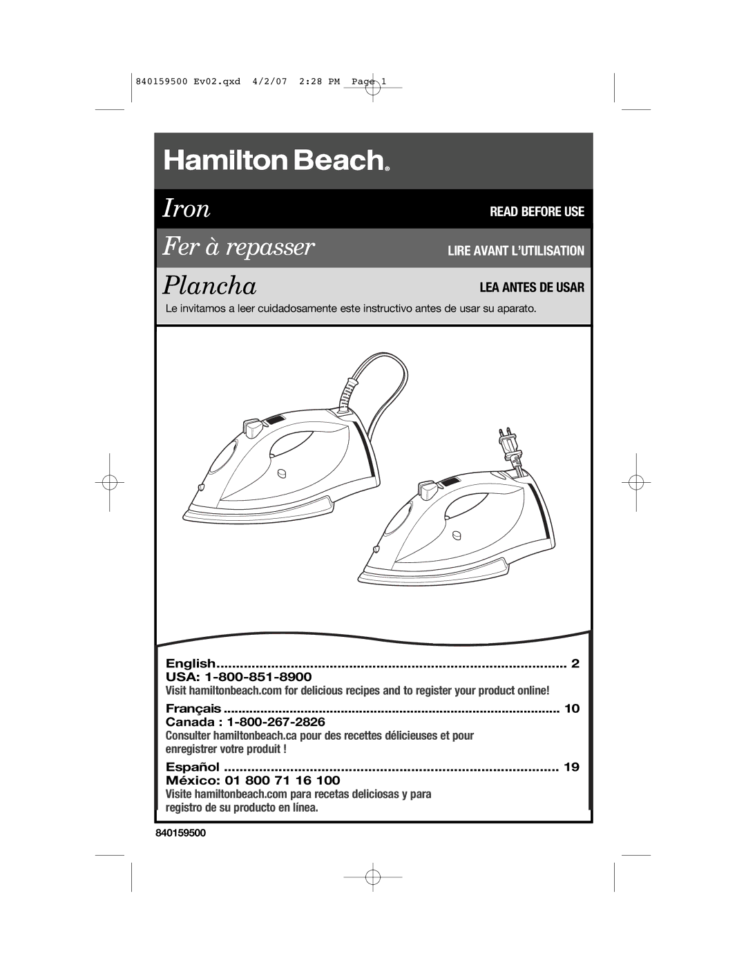 Hamilton Beach 840159500 manual English USA Français Canada, Español México 01 800 71 16 