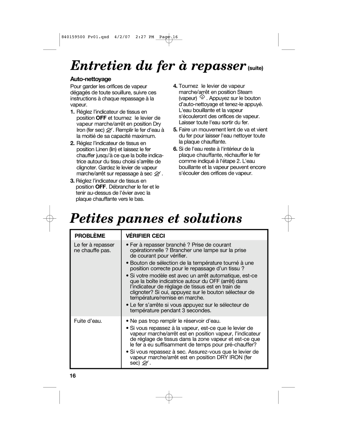 Hamilton Beach 840159500 manual Entretien du fer à repasser suite, Petites pannes et solutions, Auto-nettoyage, Problème 