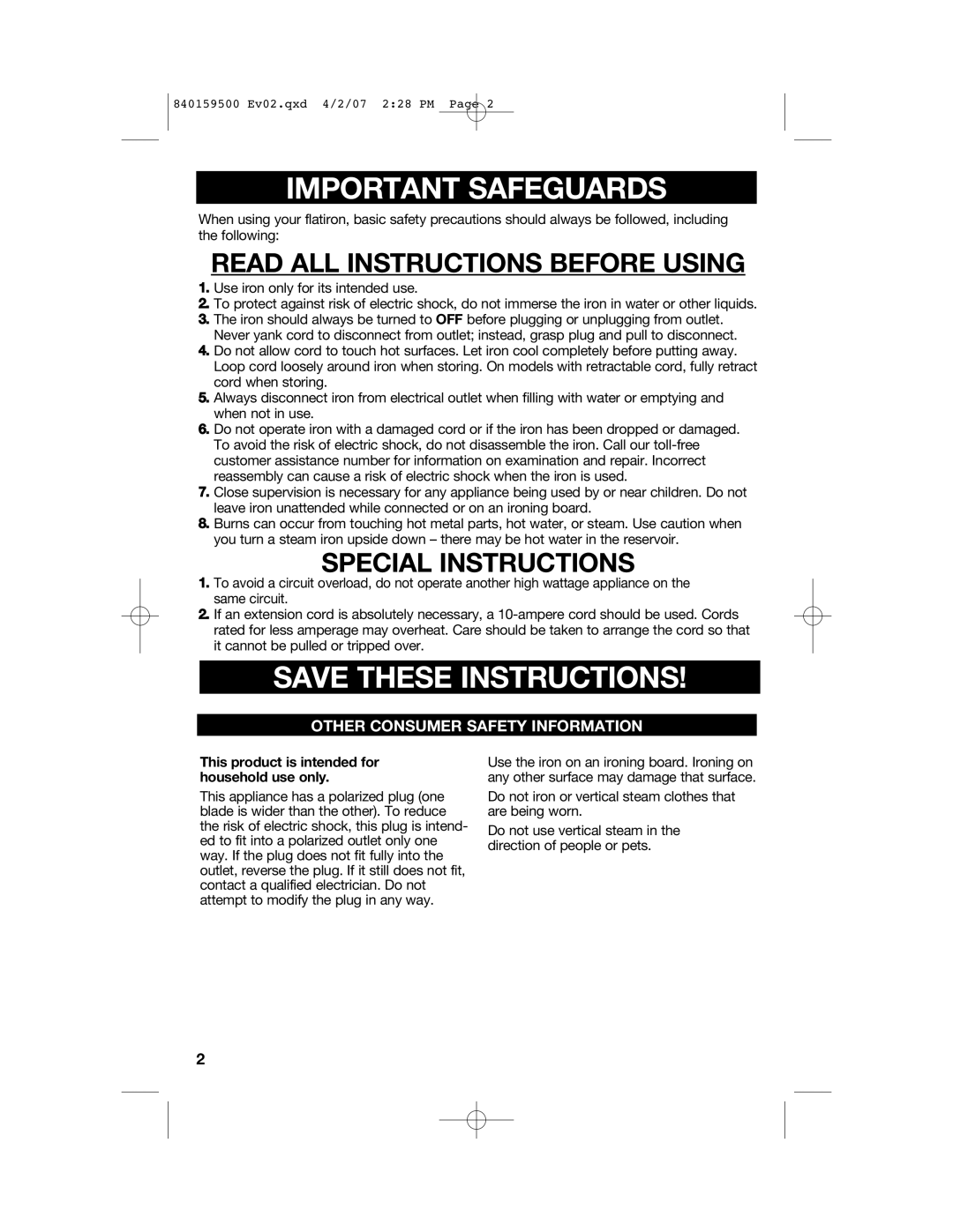 Hamilton Beach 840159500 manual Important Safeguards 