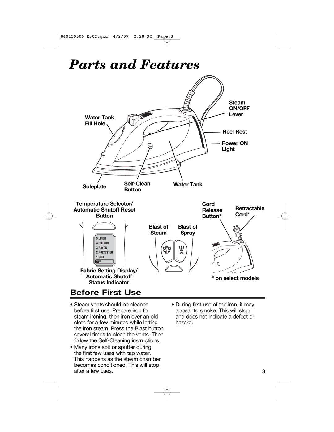 Hamilton Beach 840159500 manual Parts and Features, Before First Use, Water Tank Fill Hole Steam, On/Off 