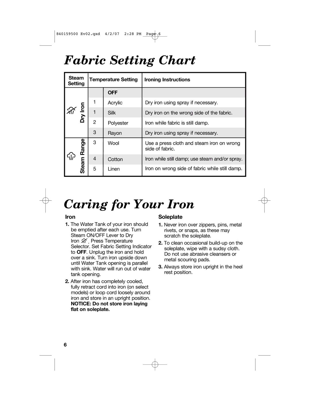 Hamilton Beach 840159500 manual Fabric Setting Chart, Caring for Your Iron, Steam Range Dry Iron, Soleplate 