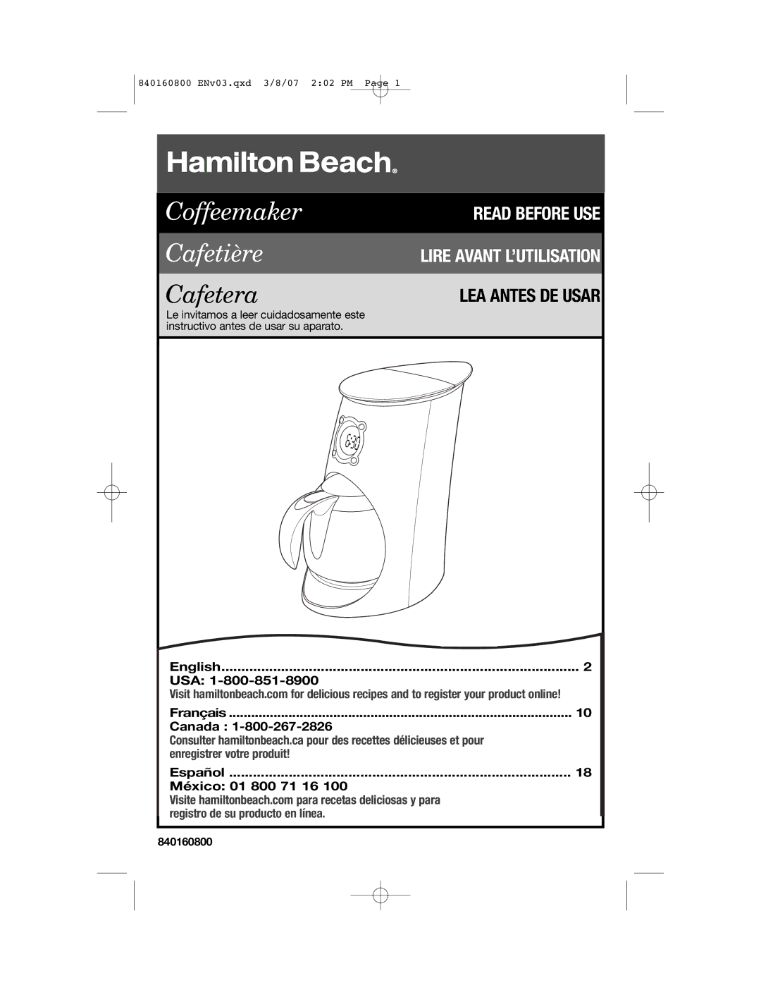 Hamilton Beach 840160800 manual Coffeemaker Cafetière 