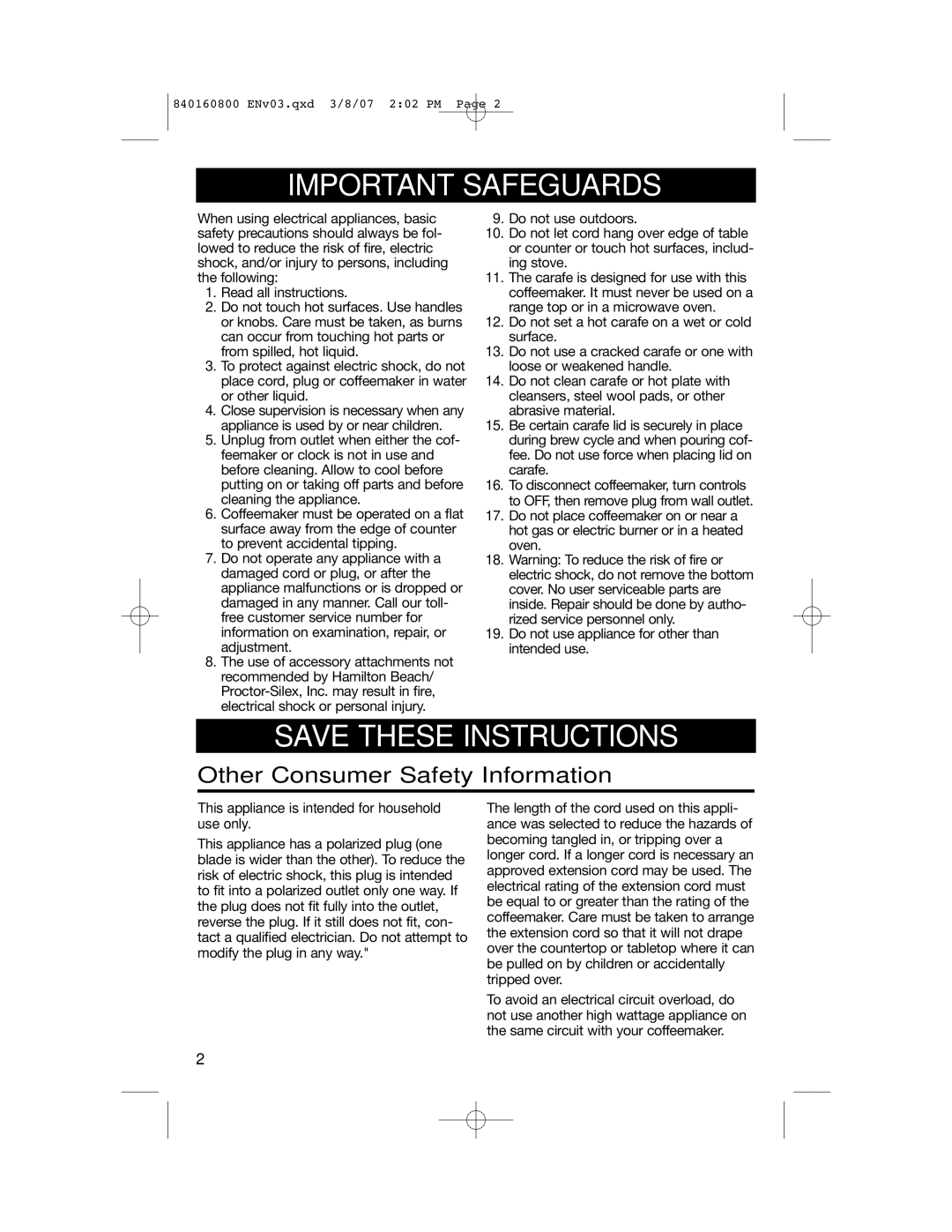 Hamilton Beach 840160800 manual Important Safeguards 