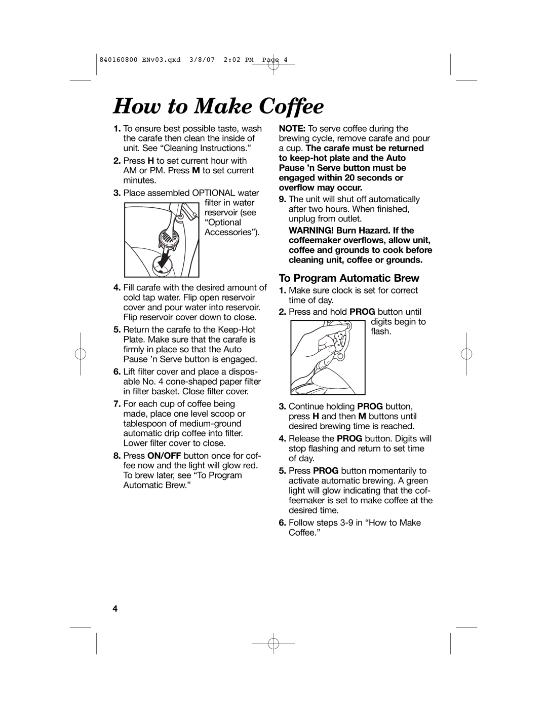 Hamilton Beach 840160800 manual How to Make Coffee, To Program Automatic Brew 