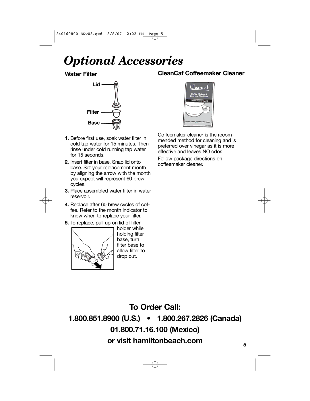 Hamilton Beach 840160800 manual Optional Accessories, Water Filter, CleanCaf Coffeemaker Cleaner 