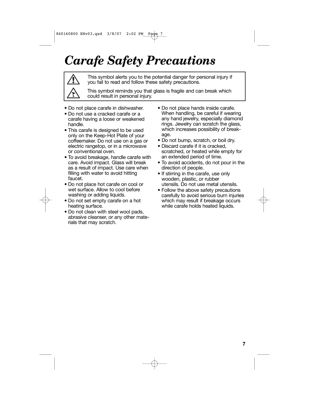 Hamilton Beach 840160800 manual Carafe Safety Precautions 