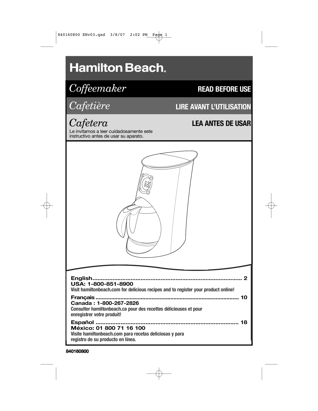 Hamilton Beach 840160800 manual Lea Antes De Usar, English, Français, Canada, Español, México, Coffeemaker Cafetière 