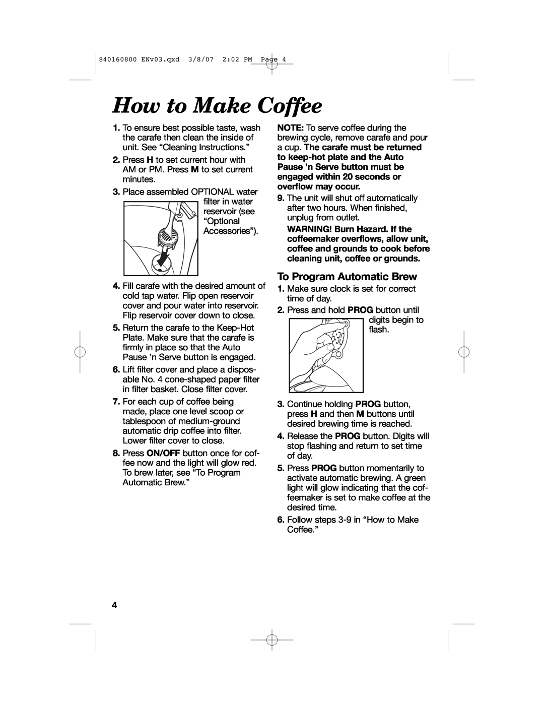 Hamilton Beach 840160800 manual How to Make Coffee, To Program Automatic Brew 