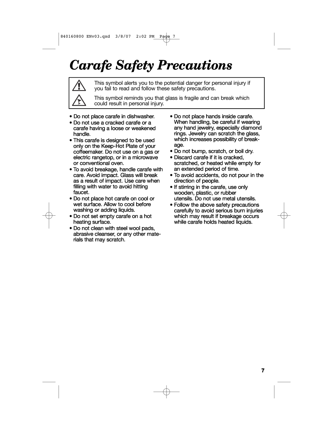 Hamilton Beach 840160800 manual Carafe Safety Precautions 