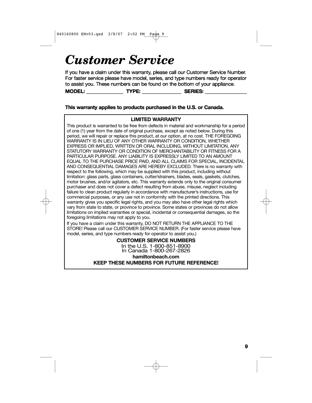 Hamilton Beach 840160800 manual Model Type Series, Limited Warranty, Customer Service Numbers 