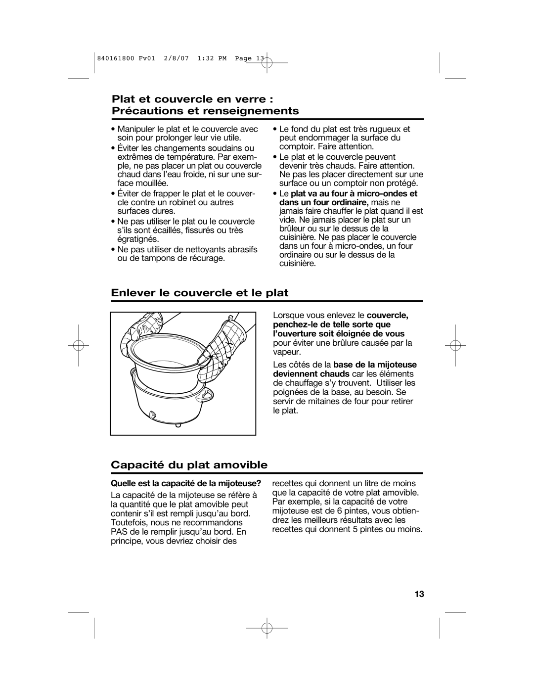 Hamilton Beach 840161800 manual Plat et couvercle en verre Précautions et renseignements, Enlever le couvercle et le plat 