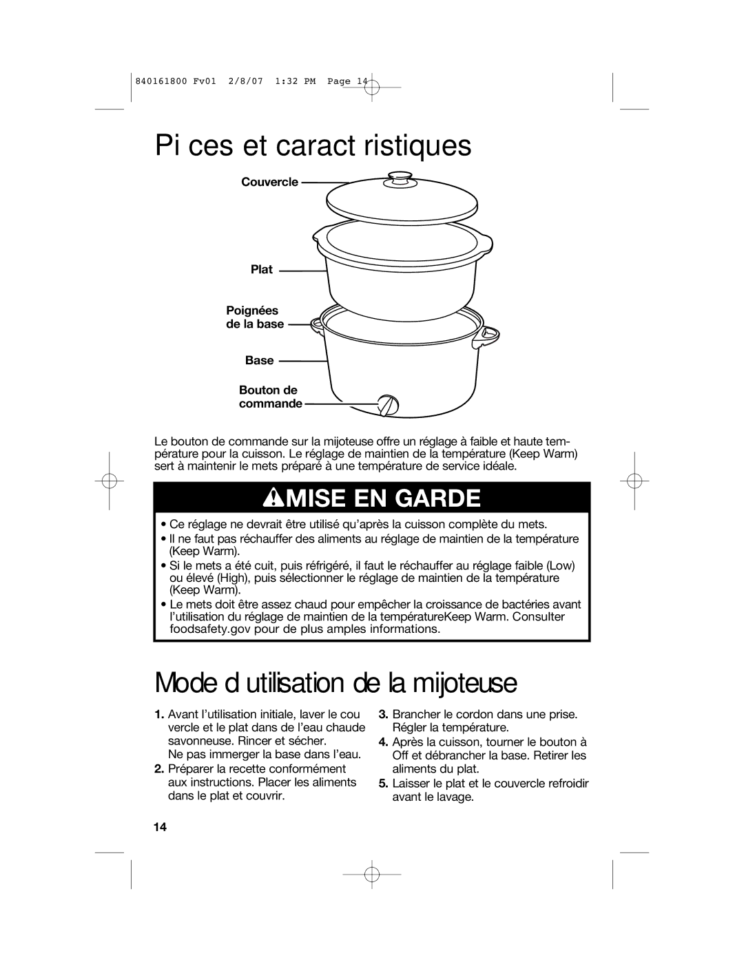 Hamilton Beach 840161800 manual Pièces et caractéristiques, WMISE EN Garde 